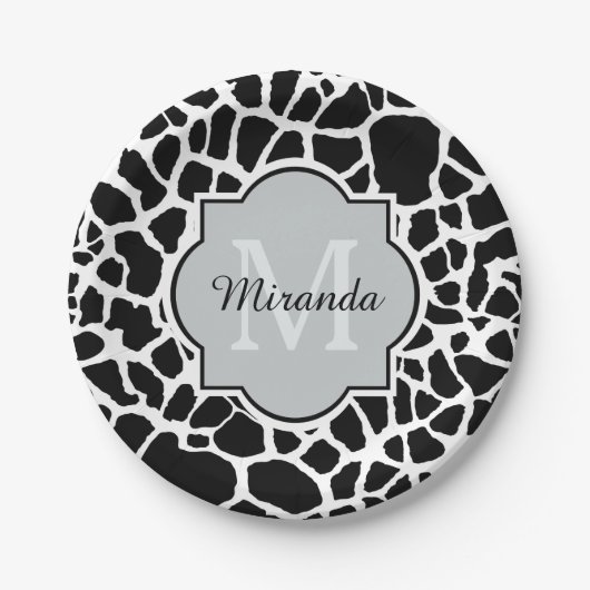 Assiettes En Carton Tendance Black White Giraffe Imprimer Nom Monogram (Devant)