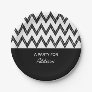 Assiettes En Carton Tendance crayon noir et blanc Chevron avec nom