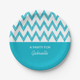 Assiettes En Carton Tendance Crayon Turquoise Chevron Zigzags Avec Nom