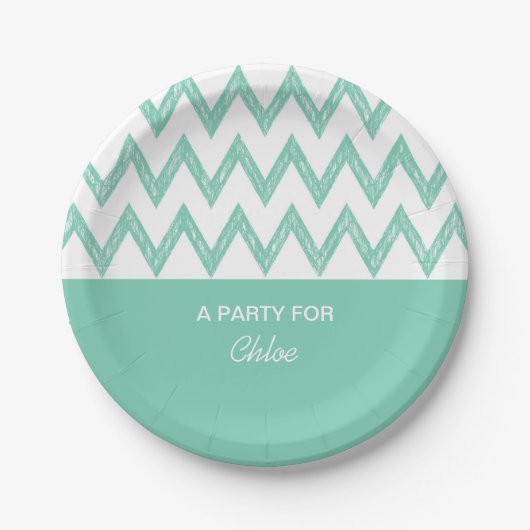 Assiettes En Carton Tendance Crayon Vert Chevron Zigzags Avec Nom (Devant)