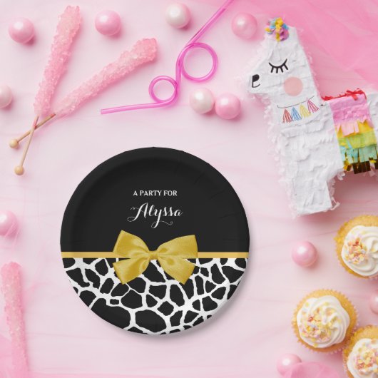Assiettes En Carton Tendance Giraffe Imprimer Bow jaune doré avec nom (Fête)