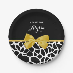 Assiettes En Carton Tendance Giraffe Imprimer Bow jaune doré avec nom