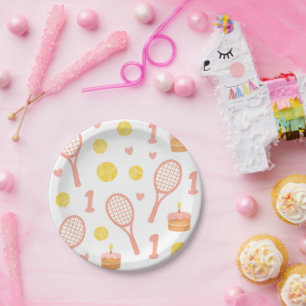 Assiettes En Carton Tennis 1er anniversaire pour bébé fille rose tonal