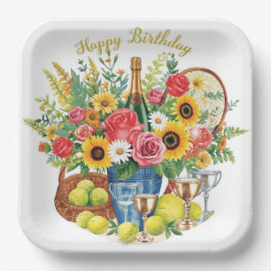 Assiettes En Carton Tennis Anniversaire avec Fleurs et boule aquarelle