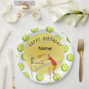 Assiettes En Carton Tennis Anniversaire avec joueur de tennis sur blan