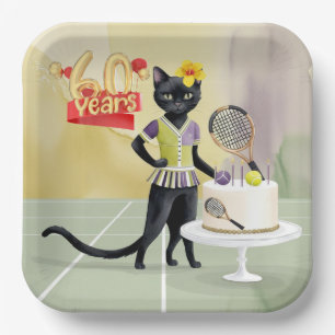 Assiettes En Carton Tennis Black Cat 60e fête d'anniversaire avec gâte