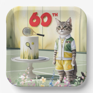 Assiettes En Carton Tennis Cat 60e fête d'anniversaire avec gâteau