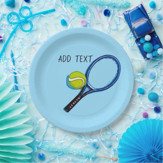 Assiettes En Carton Tennis et raquette sur arrière - plan bleu (Fête)