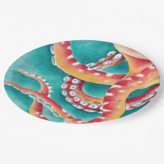 Assiettes En Carton Tentacles rouges orange (Angle)