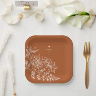 Assiettes En Carton Terra Cotta Monogram Carré Floral
