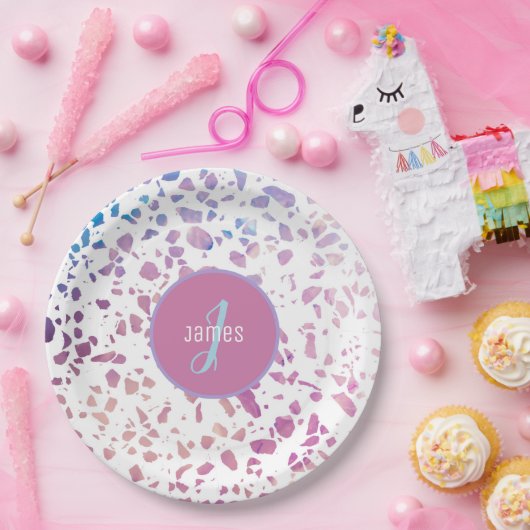 Assiettes En Carton Terrazzo Abstrait customisé rose et Motif bleu (Fête)