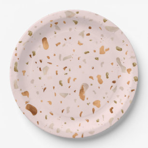 Assiettes En Carton Terrazzo Rose Blush Avec Spots De Cuivre Or