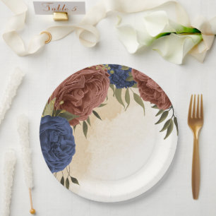 Assiettes En Carton terre cuite bleu marine floral verdure