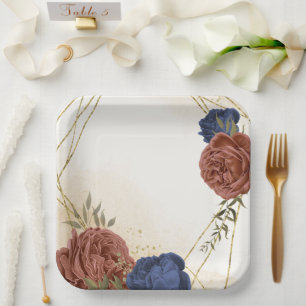 Assiettes En Carton terre cuite bleu marine floral verdure