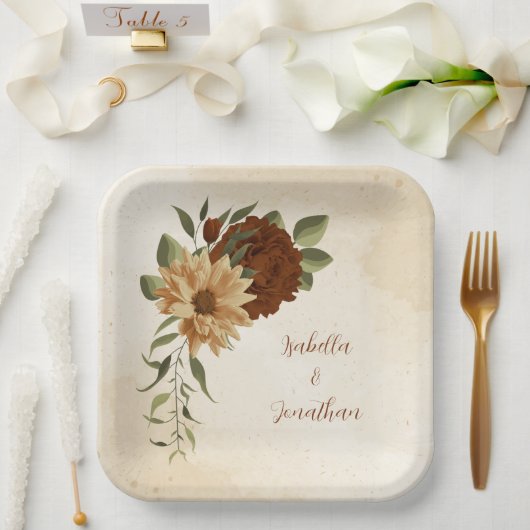 Assiettes En Carton terre cuite rustique verdure fleurie (Mariage)