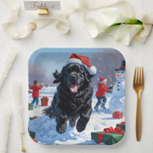 Assiettes En Carton Terre-Neuve courant dans la neige avec un chapeau 
