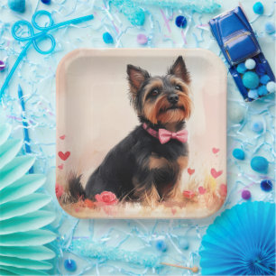Assiettes En Carton Terrier Australien avec des Roses - Saint-Valentin
