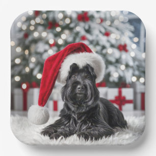 Assiettes En Carton Terrier écossais de Noël sur un tapis blanc