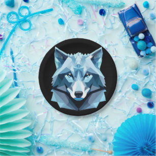 Assiettes En Carton Tête de loup géométrique bleue