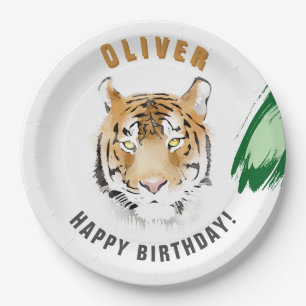 Assiettes En Carton Tête de Tigre Sauvage Aquarelle Nom d'Anniversaire