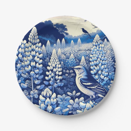Assiettes En Carton Texas Bluebonnets et Northern Mockingbird Texan (Devant)