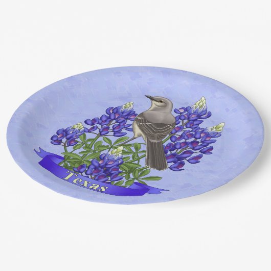 Assiettes En Carton Texas State Mockingbird & Bluebonnet Flower (Angle)