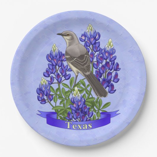 Assiettes En Carton Texas State Mockingbird & Bluebonnet Flower (Devant)