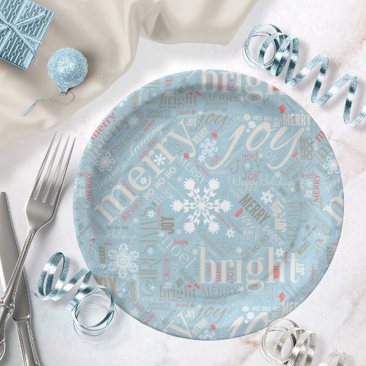 Assiettes En Carton Texte de Noël et Motif de flocon de neige Blue ID2