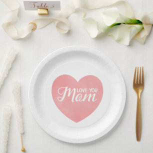 Assiettes En Carton Texte je t'aime maman, cœur rose pour la fête des