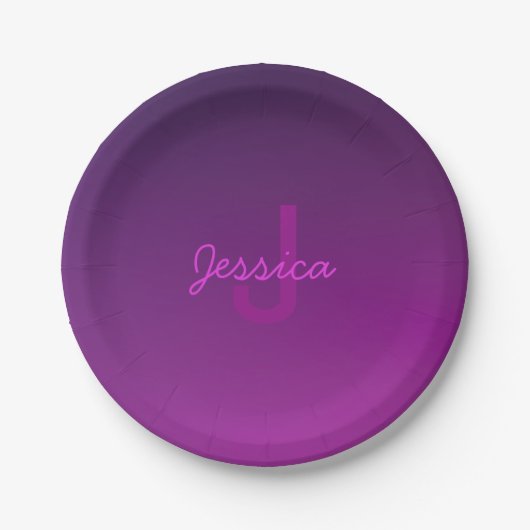Assiettes En Carton Texte monogramme modifiable moderne & Ombre violet (Devant)