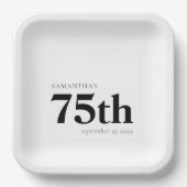 Assiettes En Carton Texte noir personnalisé moderne 75e Nom Date (Recto)