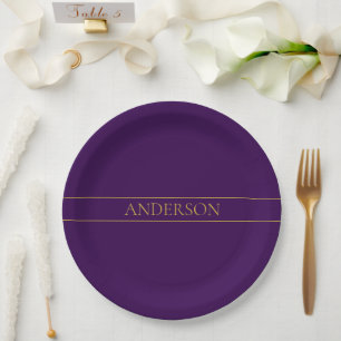 Assiettes En Carton Texte personnalisable élégant Or et violet foncé