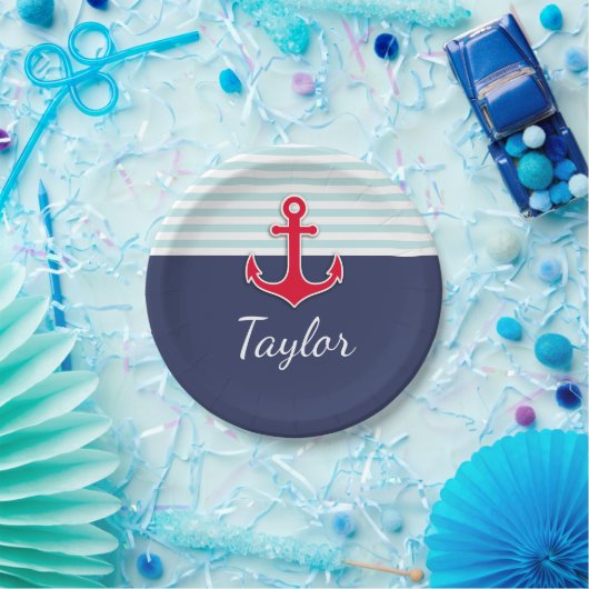 Assiettes En Carton Texte personnalisé Ancre rouge rayé bleu foncé (Fête)