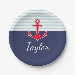 Assiettes En Carton Texte personnalisé Ancre rouge rayé bleu foncé