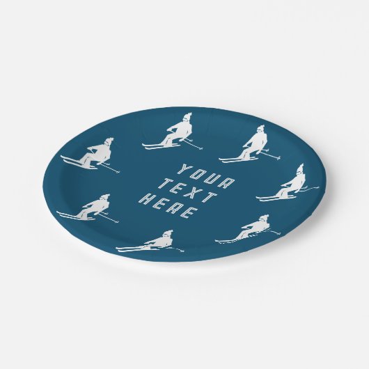 Assiettes En Carton Texte personnalisé Ski Ski Ski Bleu Blanc (Angle)