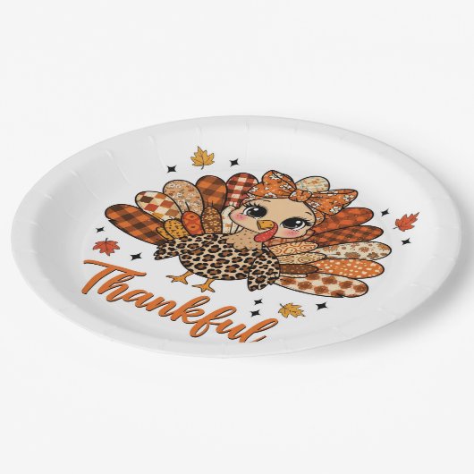 Assiettes En Carton Thankful Turkey with Autumn Patchwork Feathers (Angle)