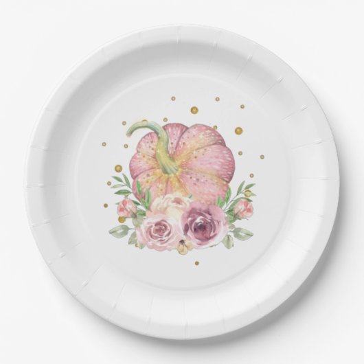 Assiettes En Carton Thanksgiving Citrouille rose or (Devant)