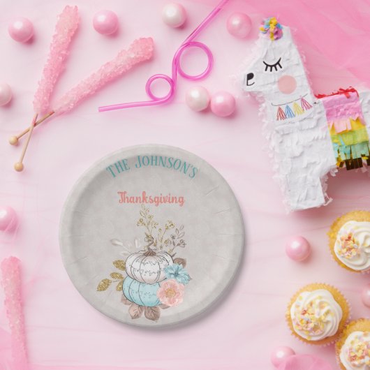 Assiettes En Carton Thanksgiving Taupe Aqua Coral Citrouilles Turquie (Fête)