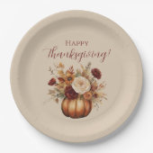Assiettes En Carton Thanksgiving-Watercolor Citrouille et fleurs- (Devant)