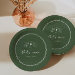 Assiettes En Carton "That's Amore" Fête des mariées manuscrite<br><div class="desc">Ce magnifique design de douche nuptiale d'inspiration italienne présente un style manuscrit en lettrage cursif accentué d'une bordure en ruban ondulé en blanc sur un arrière - plan vert olive. Des illustrations dessinées à la main de pâtes de cravate arc, de vin et d'un citron sicilien complètent le design pour...</div>