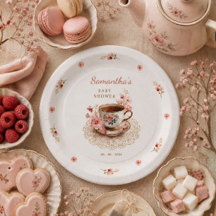 Assiettes En Carton Thé à l'heure florale vintage baby shower tasse à