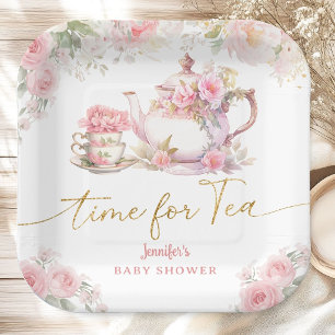 Assiettes En Carton Thé à Temps Baby Shower Papier Floral Rose
