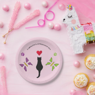 Assiettes En Carton Thé de l'après-midi chic chat noir et papillons ro