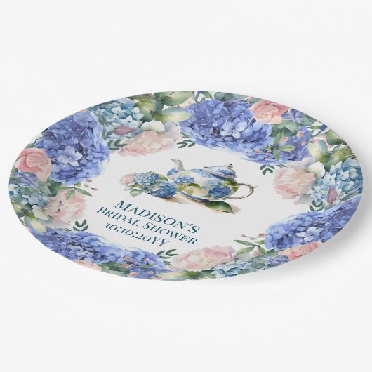 Assiettes En Carton Thé de mariage aux hortensias bleus (Angle)