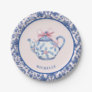 Assiettes En Carton Thé de Noël rose et bleu avec bordure Damas