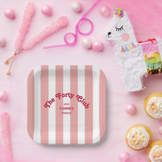Assiettes En Carton The Forty Club Pink Cabana Stripe 40th Birthday  (Fête)