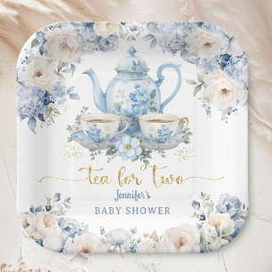 Assiettes En Carton Thé pour deux bébé Fille Garçon Fête Doré Bleu Flo