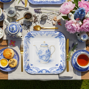 Assiettes En Carton Théière à motifs floraux bleus en chinoiserie pago