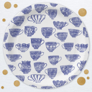 Assiettes En Carton Théière antique vintage bleu aquarelle