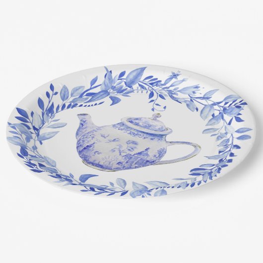 Assiettes En Carton Théière Bleue et Blanche avec Guirlande (Angle)